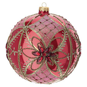 Red Christmas ball with gold flower rhinestones blown glass 150 mm