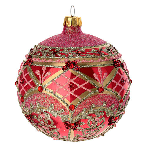 Weihnachtskugel aus mundgeblasenem Glas, glänzend hellrote Grundfarbe mit rosa-goldenem Ornamentdekor – Ø 10 cm 3