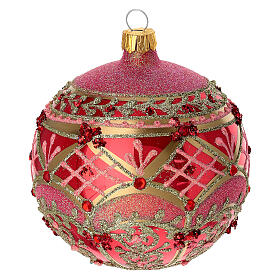 Pallina natalizia rosso lucido 100 mm decoro rosa oro vetro soffiato