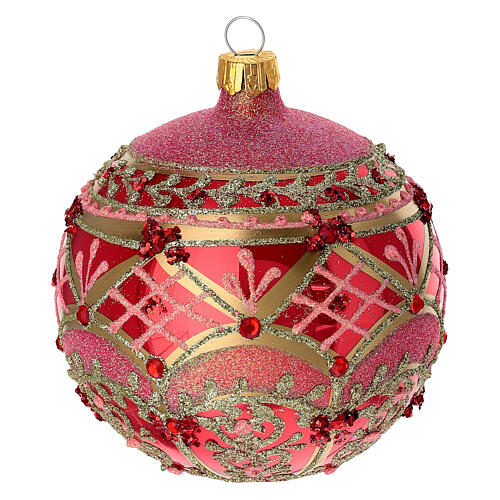 Pallina natalizia rosso lucido 100 mm decoro rosa oro vetro soffiato 1