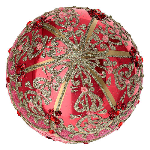 Pallina natalizia rosso lucido 100 mm decoro rosa oro vetro soffiato 4