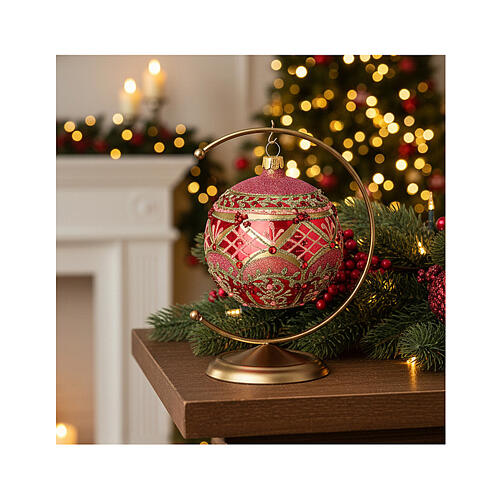 Shiny red blown glass Christmas ball 100 mm with pink gold decoration 2