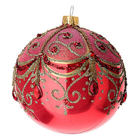 Weihnachtskugel aus mundgeblasenem Glas, glänzend rote Grundfarbe mit goldenem Arabesken-Dekor und Strass – Ø 10 cm
