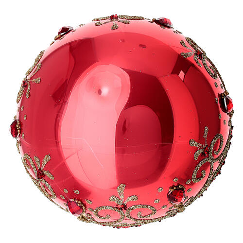 Shiny red Christmas ball with gold and red arabesque decorations, 4 in, blown glass 4