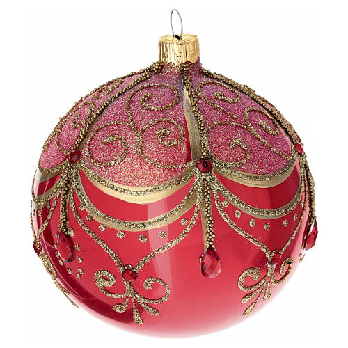 Pallina di Natale rosso lucido arabeschi oro 100 mm vetro soffiato  3