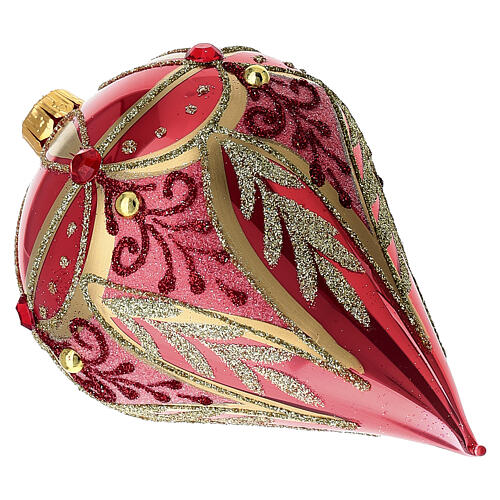 Weihnachtskugel in Tropfenform aus mundgeblasenem Glas, glänzend rote Grundfarbe mit goldenem Dekor und Strass – Ø 8 cm, Höhe 12 cm 3
