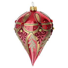 Boule de Noël rouge goutte en verre soufflé avec motif doré 80 mm