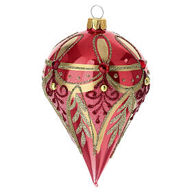 Pallina di Natale rossa decori oro goccia vetro soffiato 80 mm