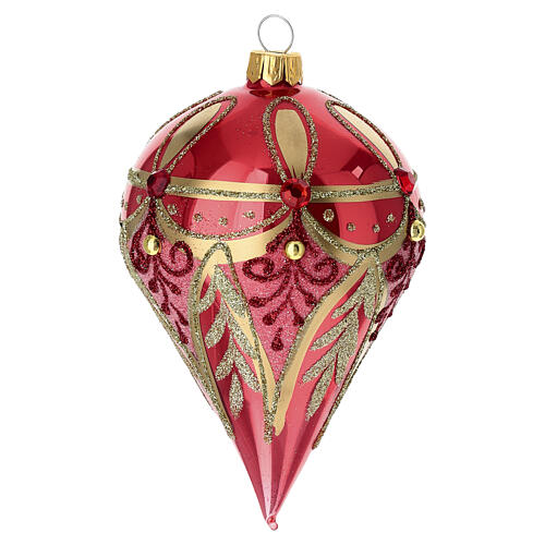 Pallina di Natale rossa decori oro goccia vetro soffiato 80 mm 1