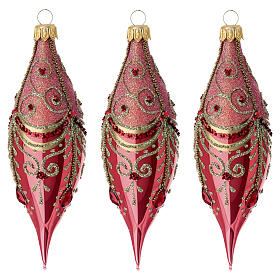 Weihnachtskugeln in schmaler Tropfenform, Set, 3-teilig, aus mundgeblasenem Glas, glänzend rote Grundfarbe mit goldenem Dekor und Strass – Höhe 13 cm