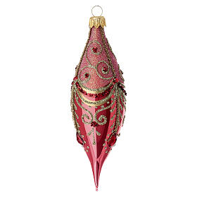 Weihnachtskugeln in schmaler Tropfenform, Set, 3-teilig, aus mundgeblasenem Glas, glänzend rote Grundfarbe mit goldenem Dekor und Strass – Höhe 13 cm