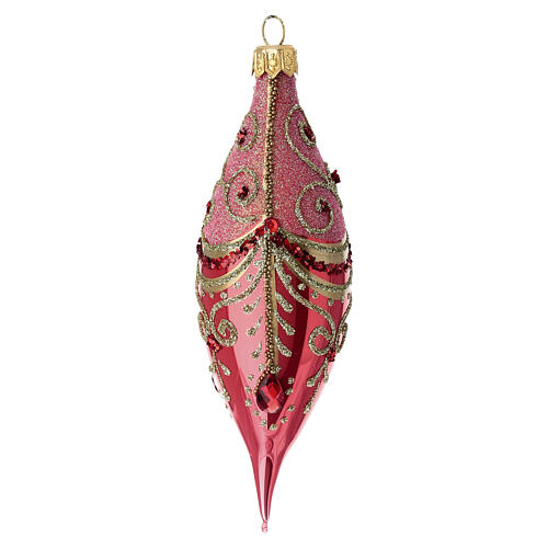 Weihnachtskugeln in schmaler Tropfenform, Set, 3-teilig, aus mundgeblasenem Glas, glänzend rote Grundfarbe mit goldenem Dekor und Strass – Höhe 13 cm 3