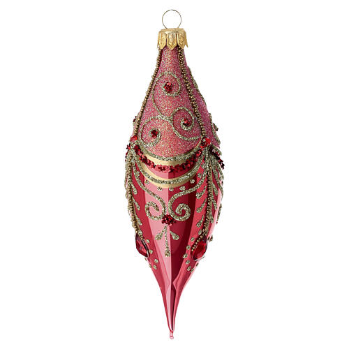 Weihnachtskugeln in schmaler Tropfenform, Set, 3-teilig, aus mundgeblasenem Glas, glänzend rote Grundfarbe mit goldenem Dekor und Strass – Höhe 13 cm 4