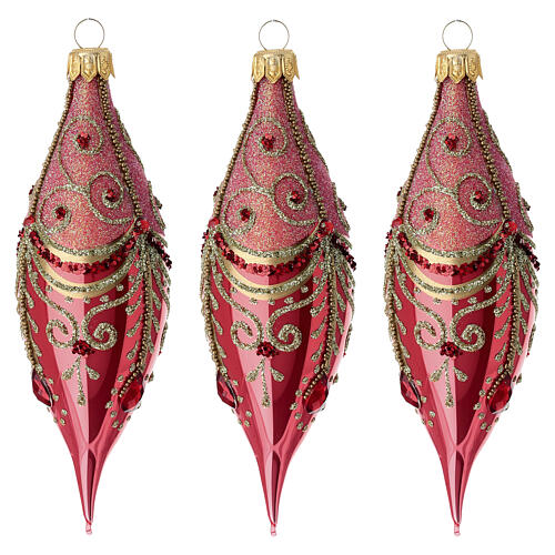 Set of 3 red shiny blown glass drop ornaments with gold decorations 13 cm 1