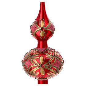 Baumspitze aus mundgeblasenem Glas, glänzend rote Grundfarbe mit goldenem Dekor und Strass – Höhe 36 cm