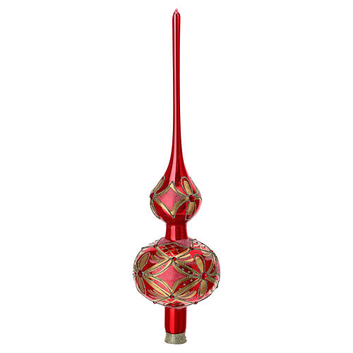 Puntale rosso oro per albero Natale vetro soffiato h 36 cm 3