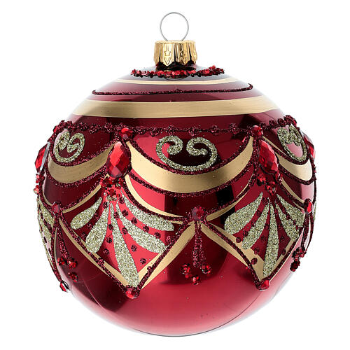Shiny red Christmas ball with gold glitter decoration, 4 in, blown glass 1