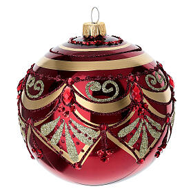 Pallina di Natale rosso lucido decoro oro glitter 100 mm vetro soffiato