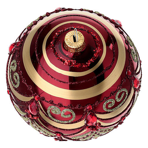 Pallina di Natale rosso lucido decoro oro glitter 100 mm vetro soffiato 3