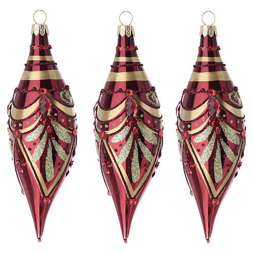 Box of 3 shiny red Christmas blown glass drop shape ornaments with gold decorations, 5 in 1