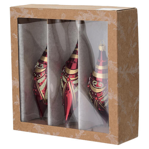 Box of 3 shiny red Christmas blown glass drop shape ornaments with gold decorations, 5 in 5