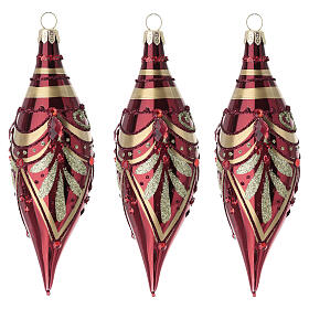Box 3 palline goccia rosso lucido Natale vetro soffiato decori oro 13 cm