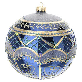 Bright blue Christmas ball with gold and light blue decorations, 6 in, blown glass