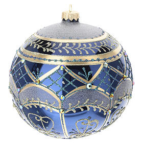 Boule de Noël bleue brillante décors or bleu clair 150 mm en verre soufflé