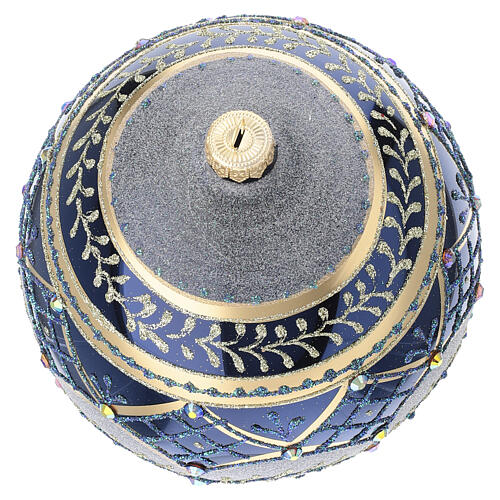 Bombka ze szkła dmuchanego, niebieska, połyskująca, dekoracje złoto-błękitne, 150 mm 3