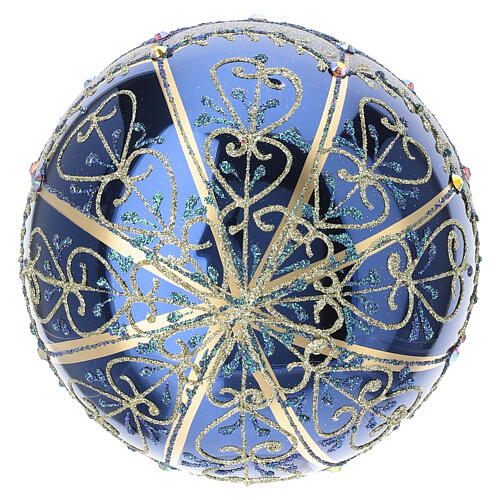 Bombka ze szkła dmuchanego, niebieska, połyskująca, dekoracje złoto-błękitne, 150 mm 4