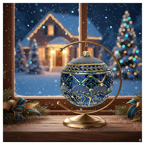 Weihnachtskugel aus mundgeblasenem Glas, glänzend blaue Grundfarbe mit goldenem Dekor und Strass – Ø 10 cm 2