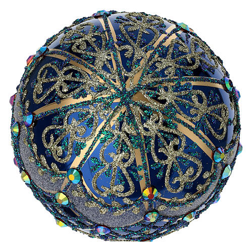 Weihnachtskugel aus mundgeblasenem Glas, glänzend blaue Grundfarbe mit goldenem Dekor und Strass – Ø 10 cm 4