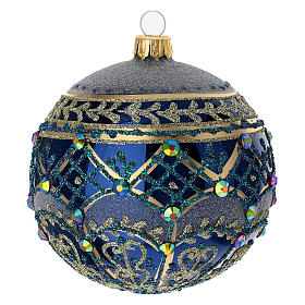 Shiny blue Christmas ball with gold strass decorations, 4 in, blown glass