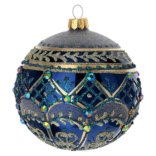 Boule de Noël bleue brillant décor or strass 100 mm verre soufflé 3