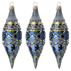 Set 3 boules goutte bleu verre soufflé décorées 14 cm