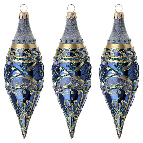 Set 3 boules goutte bleu verre soufflé décorées 14 cm 1