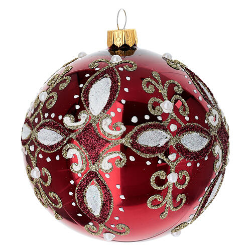 Shiny red ball with white and gold decorations, blown glass, 4 in 1