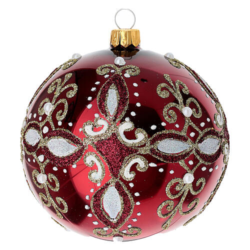 Pallina rosso lucido decoro bianco oro vetro soffiato 100 mm 3