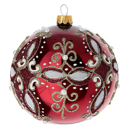 Pallina rosso lucido decoro bianco oro vetro soffiato 100 mm 4