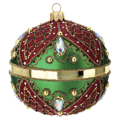 Hand-decorated Christmas bauble, green and red, 4 in, blown glass 1