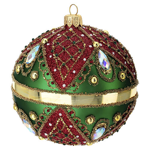 Bola navideña decorada a mano verde rojo 100 mm vidrio soplado 3