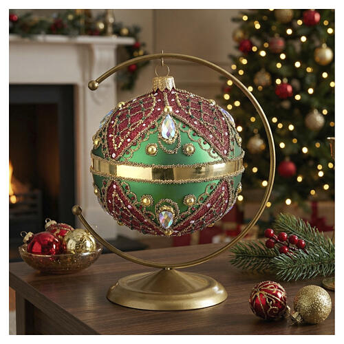 Bola natalícia decorada à mão verde vermelha 100 mm vidro soprado 2