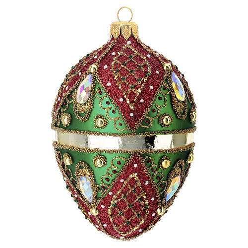 Hand-decorated green and red blown glass egg-shaped bauble, 5x3 in 2
