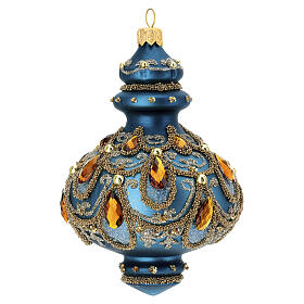 Weihnachtsbaumdekoration aus mundgeblasenem Glas, petrolgrüne Farbgebung mit goldenem und orangem Dekor – 12 × 10 cm