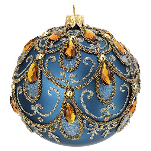 Weihnachtskugel aus mundgeblasenem Glas, matte petrolgrüne Grundfarbe mit goldenem und orangem Dekor – Ø 10 cm 2