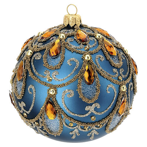 Crystal teal green Christmas bauble with orange strass, 4 in, blown glass 1