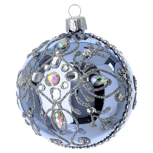 Hand-decorated silver frost ball with rhinestones, 3 in, blown glass 3