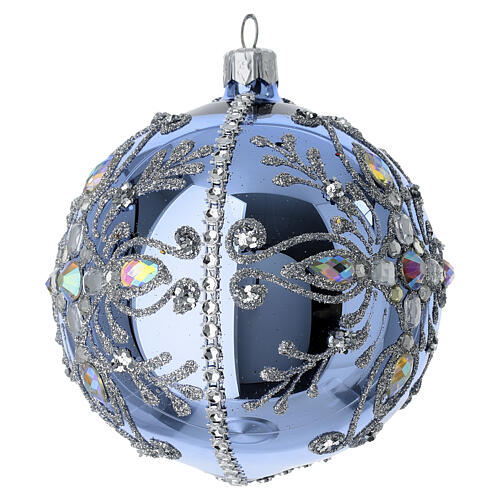 Light blue Christmas ball, mirror finish, blown glass with silver glitter and rhinestone decorations 2