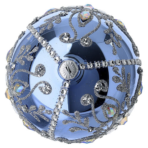 Light blue Christmas ball, mirror finish, blown glass with silver glitter and rhinestone decorations 4