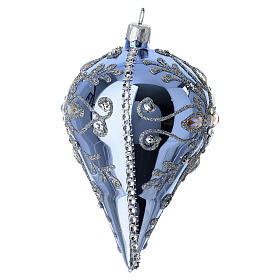Weihnachtskugel in Tropfenform aus mundgeblasenem Glas, glänzend hellblaue Grundfarbe mit silbernem Dekor und Strass – 12 × 8 cm